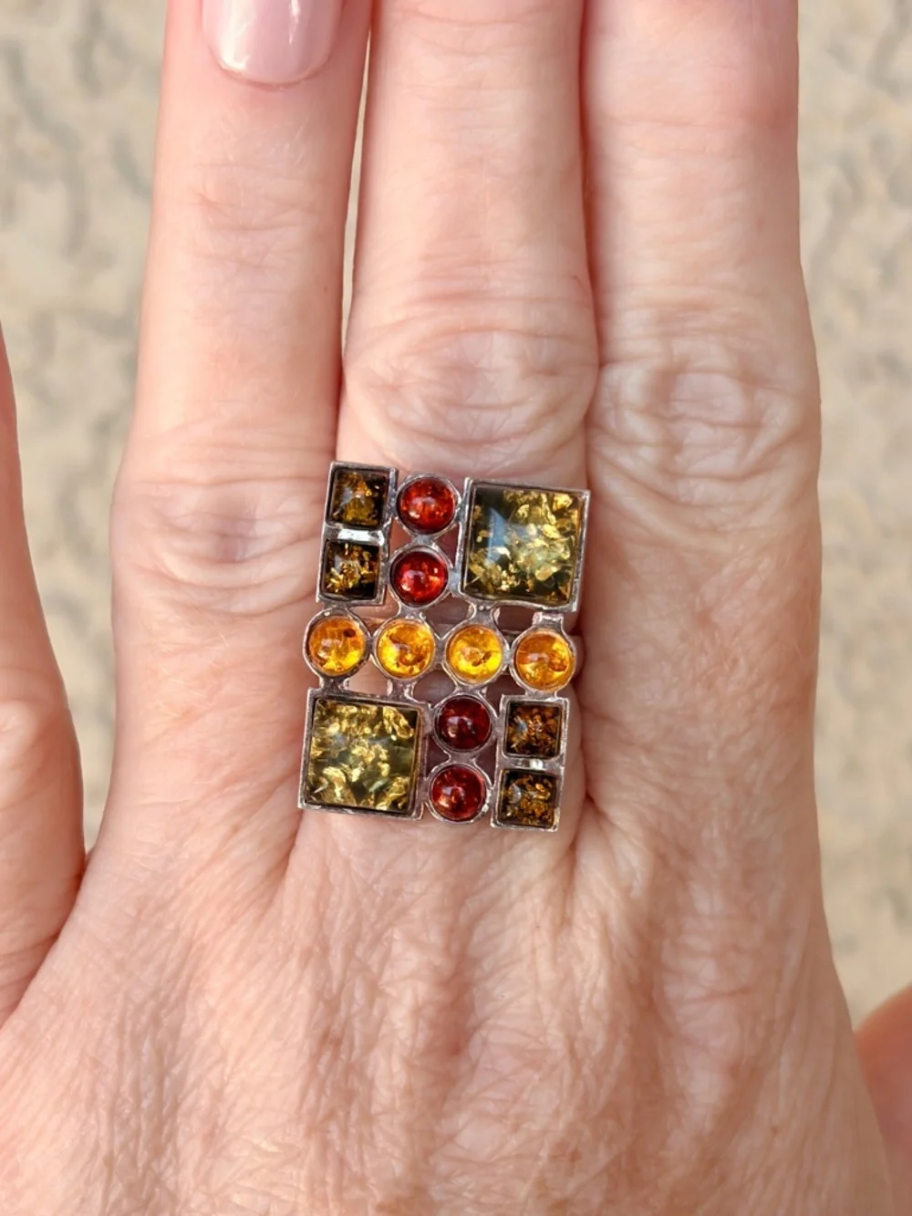 Geometric Silver Multi-Stone Amber and Cognac Ring